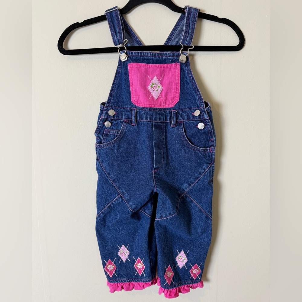 Y2K Pink Rose Embroidered Overalls Size 2T 100% Cotton